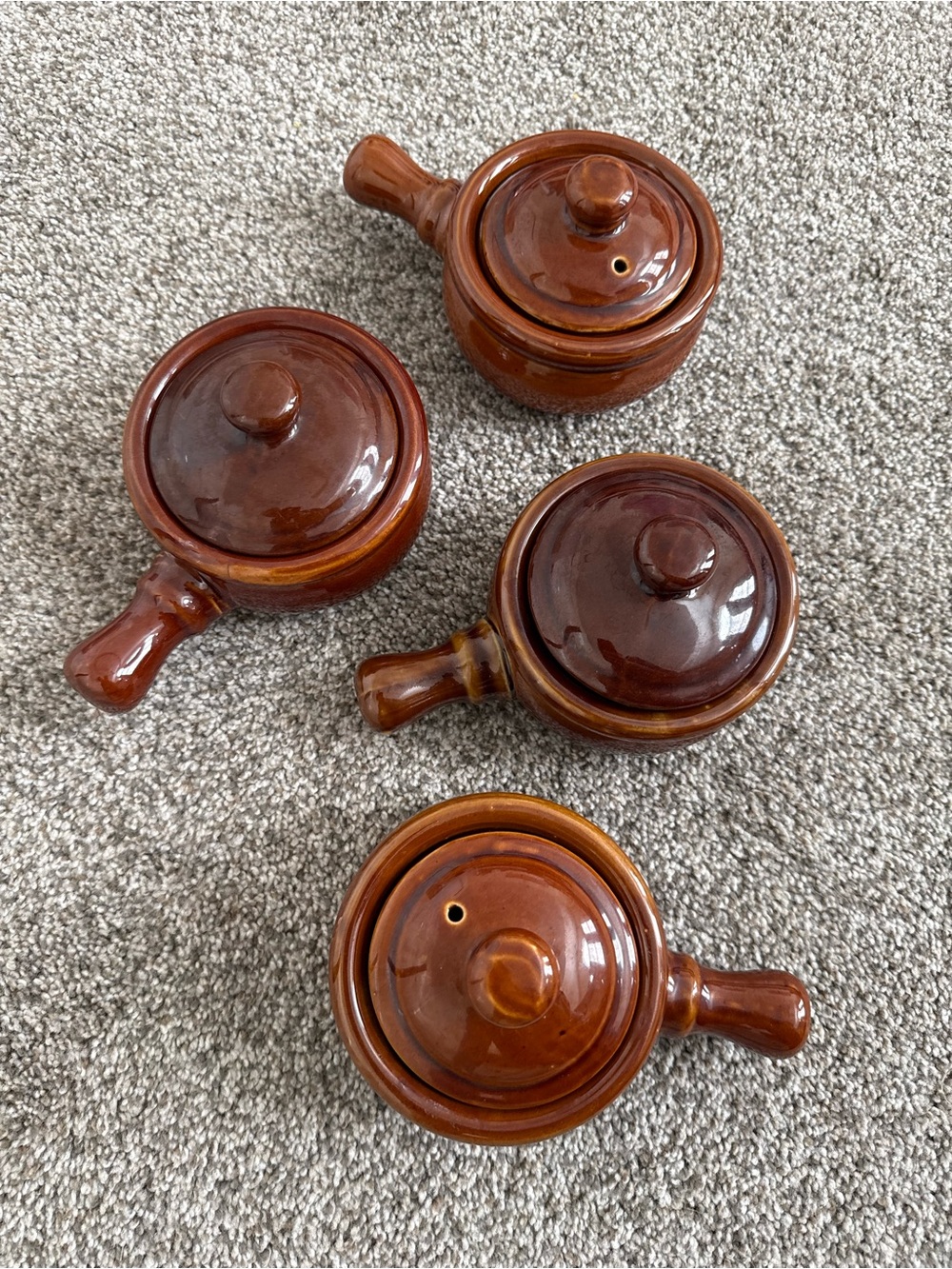 Vintage Brown Glazed Stoneware French Onion Soup Crocks with Lids - Set of 4